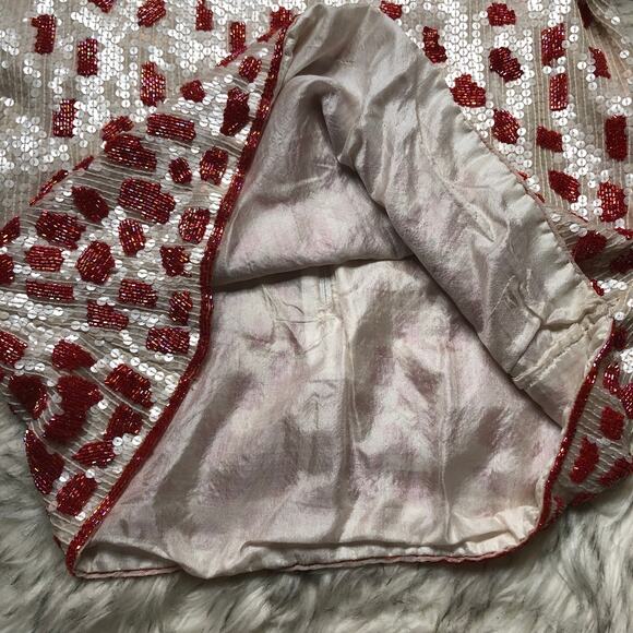 Vintage 100% Silk White & Red Fully Sequin & Beaded Shirt Top - Picture 8 of 16